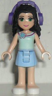 LEGO Minifigure-Emma, Bright Light Blue Skirt, Light Aqua Top with Flower, Dark Purple Headphones-Friends-FRND082-Creative Brick Builders